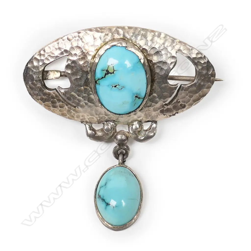 An uncommon N.Z. Reuben Watts (1869-1940) silver and turquoise brooch, Image 1++